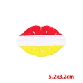 Lip shaped punk embroidered patch with red white and yellow stripes 5.2x3.2cm - Tri-Color Striped Lips (PE9633CT)