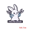 Embroidered bunny patch with I RUN WITH SCISSORS slogan and blue scissors detail - Rabbit with Scissors (PE6620CT)