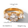 Detail view of gold-plated stainless steel zircon ring with weight and dimensions - Three-Stone Cluster Style (HC-R30757)