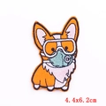 Detailed embroidery texture of a Corgi patch wearing goggles and a mask, 4.4x6.2cm - Masked Corgi (PE6172CT)