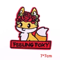 Detail of embroidered fox patch with FEELING FOXY text and floral crown, 7x7cm size - Fox FEELING FOXY (PE6971CT) / 7x7cm