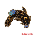Detailed embroidery of a black koi fish patch with gold stars and blue flowers 8.8x7.3cm - Black Koi Celestial Pattern (PE7191CT)