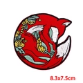 Cartoon red fox animal embroidery patch with floral accents for DIY clothing repair - Round Red Fox (PE7195CT)