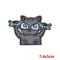 Cute gray tabby cat embroidery patch with fish design for DIY clothing 7.4x5cm - 7.4x5cm Size