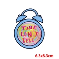 Detail showing alarm clock embroidered patch with Time Isn't Real text in 6.3x8.3cm size - Funny Alarm Clock Style (PE7934CT)