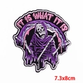 Pink and purple Grim Reaper embroidery patch with It Is What It Is slogan 7.3x8cm - 7.3x8cm