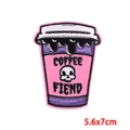 Detail of pink Coffee Fiend cat-themed embroidered iron-on patch with skull design - Coffee Fiend Cup (PE8725CT)