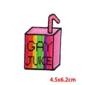Detail showing gay juice rainbow cat patch embroidery with size dimensions 4.5x6.2cm - Rainbow Juice Box (PE8724CT)