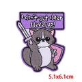 Macro detail of raccoon embroidery patch with I level up text, sized 5.1x6.1cm - Raccoon With Sword And Shield (PE8337CT)