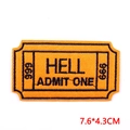 Orange ticket-style patch with black embroidery and Admit One text, size 7.6x4.3cm - Retro Ticket Quote Style (PE7010CT)
