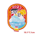 Detail of Oeteldonk 2023 carnival patch with cartoon embroidery and red border - 2023 Hugging Characters Style (PE8548CT)