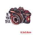 Close-up of floral camera embroidery patch with BE YOU TIFUL text 8.3x5.8cm size - Floral Camera (PE9163CT)