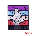 Detail showing 6x7cm funny ghost embroidery patch with colorful stripes and BOOOOOTY text - Funny Ghost (PE9669CT)