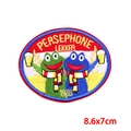 Macro view of cartoon frog embroidery patch with Persephone Lekker text and 1988 date - 1988 Beer Frog Style (PE9460CT)