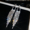 Close-up detail of exquisite sparkling rhinestone fringe drop earrings in silver finish - 70# Silver Earring Post - Silver