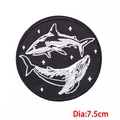 7.5cm round iron-on embroidered patch featuring a shark and whale design in black and white - Shark Whale Starry Sky Style (PE8164CT)