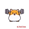 Cartoon capybara lifting barbell embroidery patch DIY decor 6.7x4.7cm for hats and jackets - Fitness Hamster (PE9408CT)