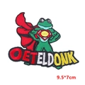 Embroidered Oeteldonk carnival frog patch with superhero cape and colorful lettering - Hero Cape Frog Style (PE8540CT)