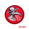 Close-up of 8cm plague doctor embroidered patch with 'Party Like It's 1347' text - Plague Doctor Party (PE9680CT)