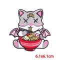 Macro detail of cartoon cat embroidery patch showing premium stitching and 6.1x6.1cm size - Bat Cat Eating Ramen Style (PE8764CT)