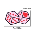 Detailed view of pink dice embroidery patch with red heart pattern and size measurements - PE10380CT