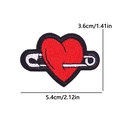 Red heart embroidery patch with silver safety pin design and precise dimension labels - Red Heart With Safety Pin Style (PE10377CT)