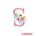 Pink letter S embroidered patch with floral patterns and a yellow bird, 3.2x4.6cm - Letter S (PE7615CT-S)