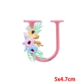 Pink letter U embroidery patch with colorful floral details and iron-on backing - Letter U (PE7615CT-U)