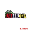 Oeteldonk frog embroidery patch with 8.5x3cm dimensions for jacket decoration - Green Frog Head with Text Style (PE9569CT)