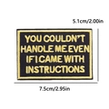 Close-up of black and gold quote embroidery patch with detailed size measurements - With Instructions Style (PE12569CT)