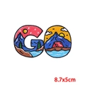 Detail of GO letter embroidery patches featuring mountain and tent camping scene 8.7x5cm - Outdoor Camping Letter Style (PE8680CT)