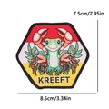 Detail of Oeteldonk hexagonal frog embroidery patch with Kreeft text and measurements - Cancer-Crab Frog (KREEFT)