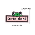 Detailed pink Oeteldonk embroidery patch with green frog motif, size 7.5cm by 3.7cm - Frog Peeking Rectangle Style (PE12019CT)