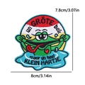 Detailed view of Oeteldonk frog embroidery patch with size dimensions 8cm by 7.8cm - Frog with Tongue Out (PE11205CT)