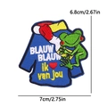 Detail view of Oeteldonk frog patch on blue shirt with heart embroidery, 7cm x 6.8cm size - Blue T-shirt Frog (PE11255CT)