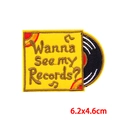 Custom embroidered patch featuring yellow vinyl record design with lettering 6.2x4.6cm - Vinyl Record Sleeve Wanna See My Records (PE9765CT)
