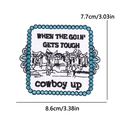 Embroidered cowboy patch with slogan and blue beaded border, 8.6x7.7cm size - Cowboy Slogan Style (PE15492CT)