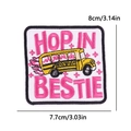 Embroidered yellow school bus patch with Hop In Bestie text for DIY bags - School Bus Bestie Style (PE15426CT)