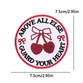 Pink embroidery patch with red cherries and bow motif, 7.5cm round iron-on badge - Cherry Proverbs Style (PE15444CT)