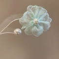 Elegant light blue mesh flower earring with white pearl accents and silver needle for women - Mesh Artificial Pearl Floral Style (64) / 1 Pair Pack / Blue