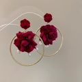 Elegant vintage red rose hoop earrings with white pearl accents and silver needles - Rose Hoop Style (69) / 1 Pair Pack / Red
