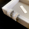 Vintage silver color fan-shaped earrings with sparkling zircon stones and textured finish - No. 57 Fan-shaped Striped Texture Style (57#) / Silver