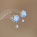Elegant rose floral earrings featuring light blue petals and delicate white pearl drops - Blue And White Rose Artificial Pearl Style (HE7406) / 1 Pair Pack / White Blue