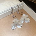 Elegant silver drop earrings with white flower petals and purple crystals - Long White And Purple Three-Petal Flower Style (HE7406) / 1 Pair Pack / Silver White