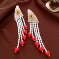 Vintage ethnic style fan-shaped pearl tassel earrings featuring bright red heart charms - Sunflower Artificial Pearl Heart Tassel Style (80#) / Gold-White-Red