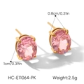 Detail view of 18k gold plated stainless steel stud earrings with pink oval crystals. - Oval Style (XZ-E11064-PK) / Pink