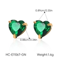 Detailed close-up of green heart-shaped stud earrings with exact size and weight specs - Heart Style (XZ-E11067-GN)