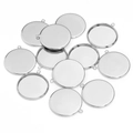 Silver round pendant tray base set for DIY necklaces with flat back and top bail loop - White Gold