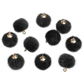 Tien zwarte imitatiebont pompons met gouden metalen ringen voor het maken van DIY sieraden - Zwart