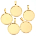 Macro shot of five gold-plated stainless steel round bezel trays for DIY jewelry making - Round (Inner 18mm) / Gold